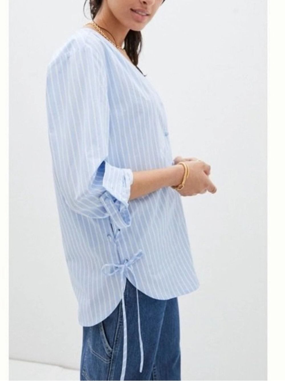 Mare Mare Anthropologie Blue White Striped Lace Up Sides Cotton Blouse Small - Picture 2 of 14